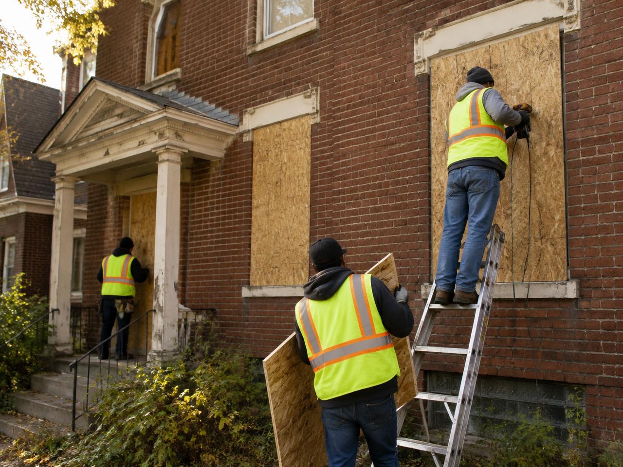 Illustrative photo: a crew boarding windows on a brick house