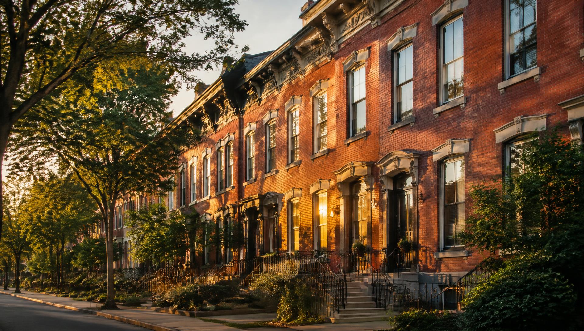 Historic red brick row houses on a tree-lined St. Louis street